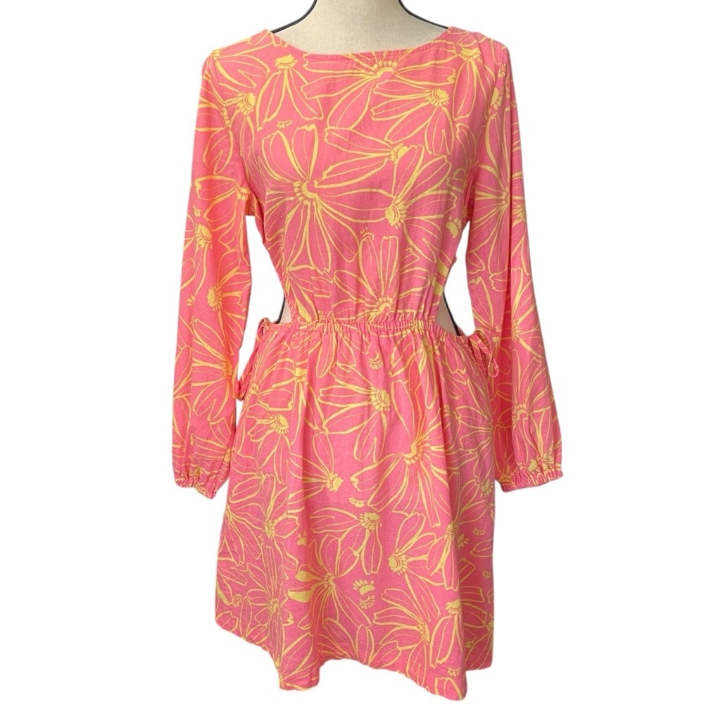 NWT Universal Thread Linen Blend Long Sleeve Cut‎ Out Pink Abstract Floral Dress
